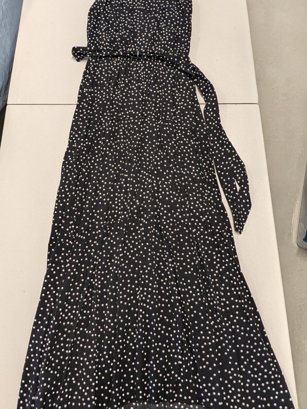 Black Polka Dot Strapless Maxi Dress with Belt